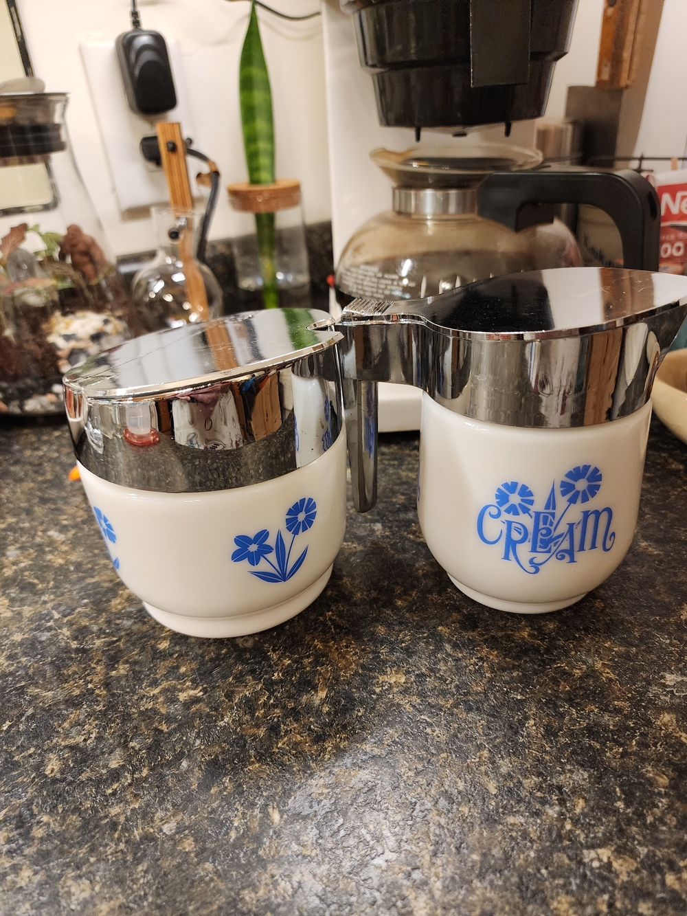 Vintage Gemco Milk GlassBlue Floral White Creamer and Sugar Set